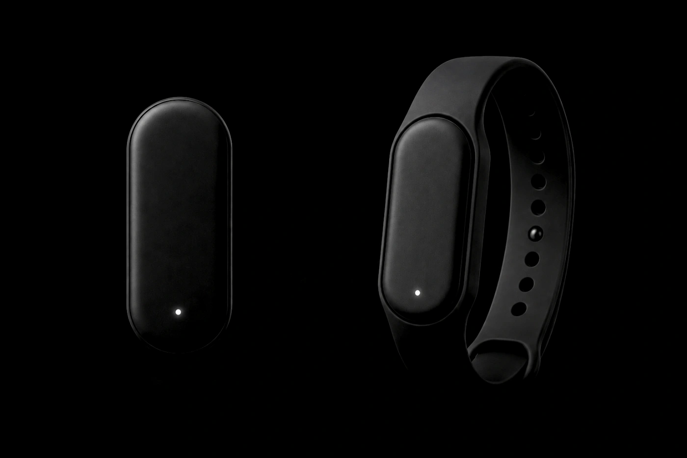 Reroute One — a small proximity device, shown on its own and worn on a silicone strap