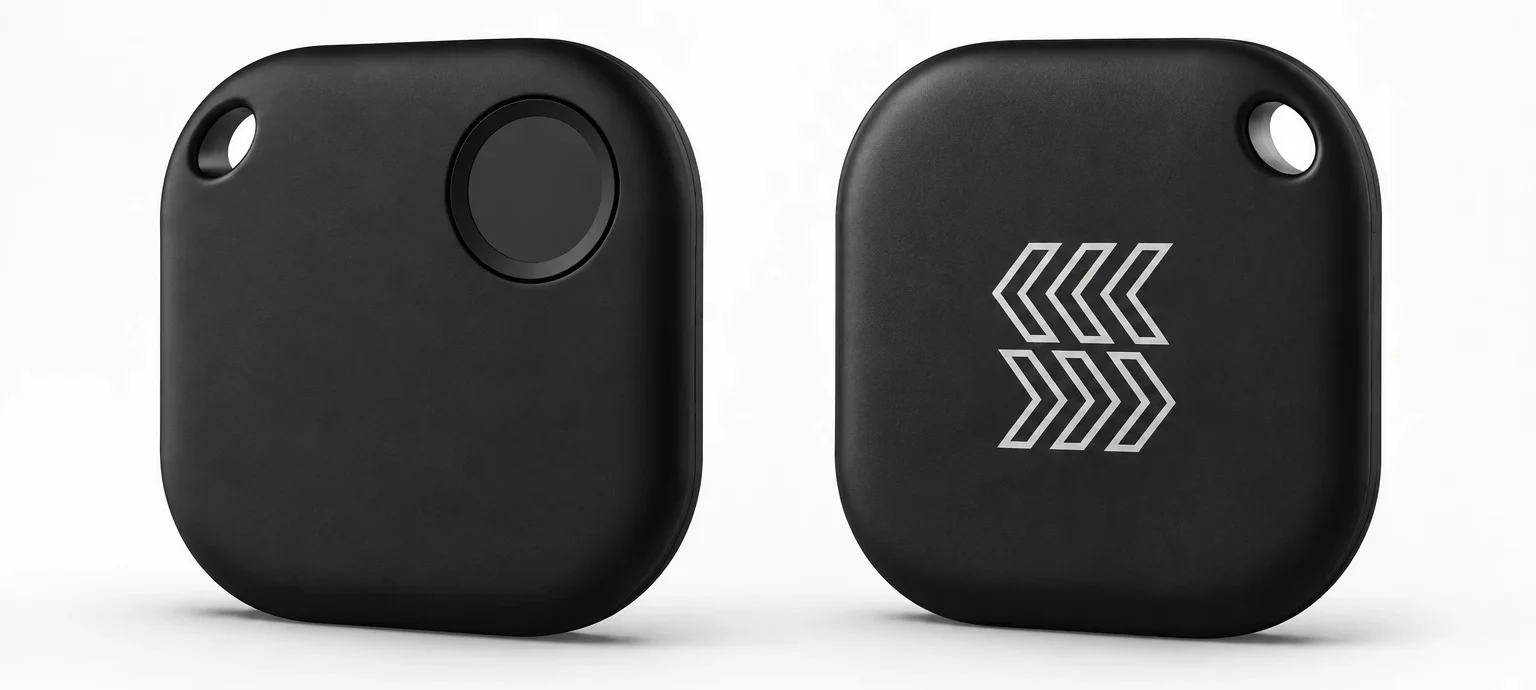 Reroute Waypoint, front and back: a small, rounded black square with one button, a keyring loop, and the Reroute chevron logo on the back